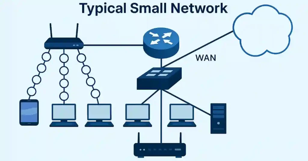 Small Network topology diagram illustrating a small office setup. A central router connects to a WAN (cloud icon) for internet access. The router is also linked to a switch that connects to multiple endpoints, including a server, a wireless access point (WAP), desktop computers, and mobile devices. Devices are labeled to show roles and IP addressing, and arrows indicate data flow, demonstrating both wired and wireless connectivity paths in the network.
