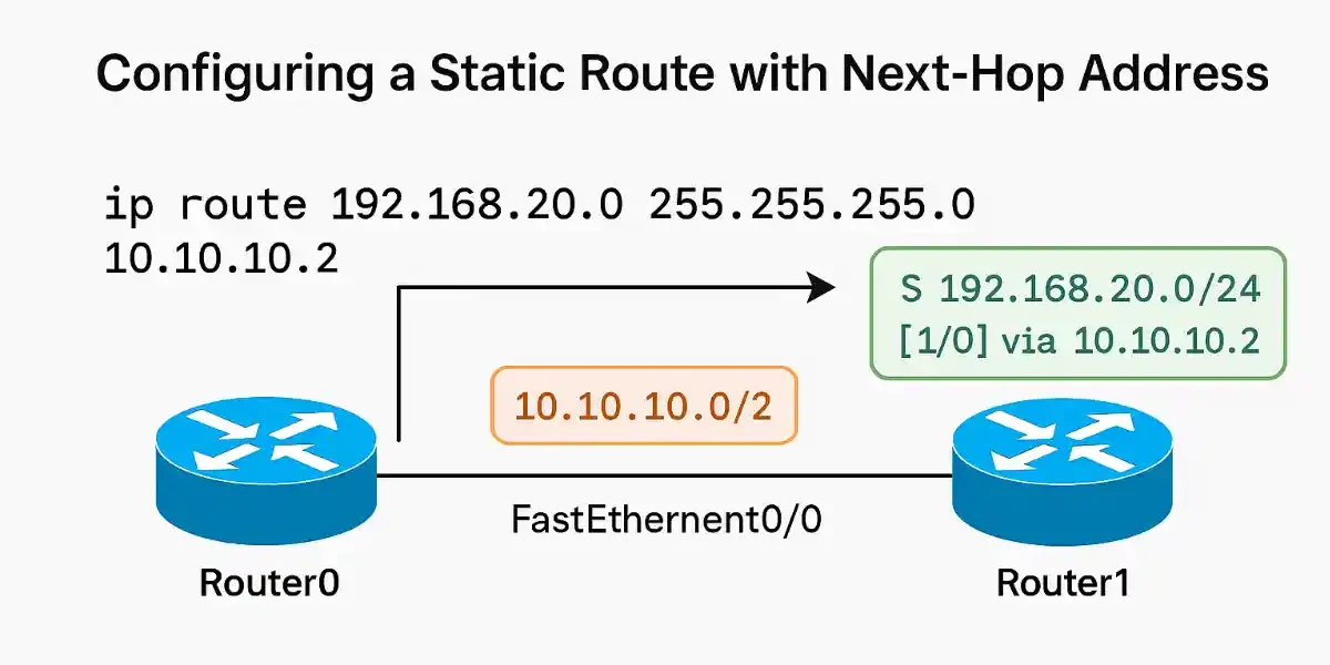 Diagram illustrating the configuration of a static route with a next-hop address between Router0 and Router1, showing the 'ip route' command and routing table entry.