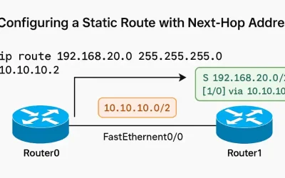 Diagram illustrating the configuration of a static route with a next-hop address between Router0 and Router1, showing the 'ip route' command and routing table entry.