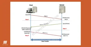 A diagram illustrating the TCP 3-way handshake between a Host and a Server. The steps include: Step-1 with Host sending SYN (Seq=x), Server receiving SYN; Step-2 with Server sending SYN ACK (Seq=x, ACK=x+1), Host receiving SYN ACK; and Step-3 with Host sending ACK (ACK=y+1), enabling data transfer with binary data shown.