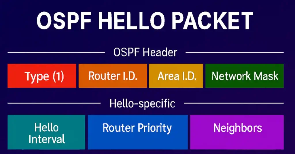 Diagram of OSPF Hello packet structure showing header and Hello fields between routers in an enterprise network