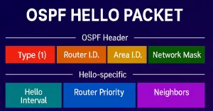 Diagram of OSPF Hello packet structure showing header and Hello fields between routers in an enterprise network