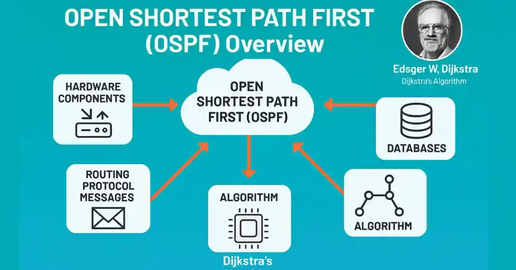 OSPF overview diagram with Edsger W. Dijkstra portrait and components including hardware, databases, routing protocol messages, and algorithm connected to central OSPF node.