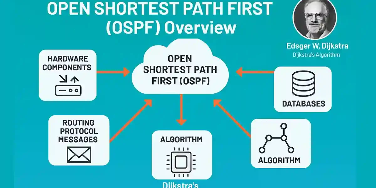 OSPF overview diagram with Edsger W. Dijkstra portrait and components including hardware, databases, routing protocol messages, and algorithm connected to central OSPF node.
