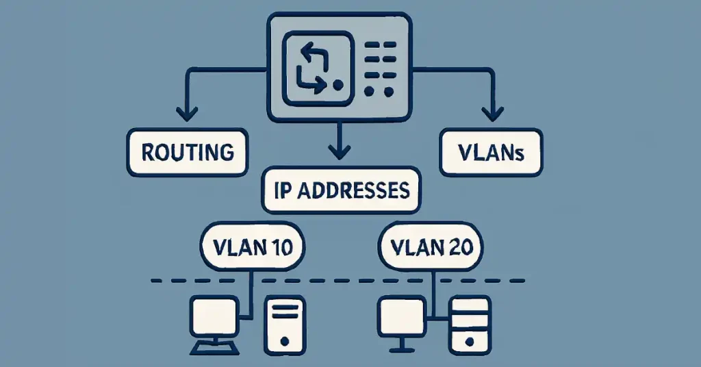 Schematic diagram of Layer 3 switch enabling inter-VLAN routing with IP addresses between VLAN 10 and VLAN 20 in a Cisco network