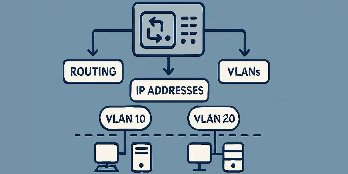 Schematic diagram of Layer 3 switch enabling inter-VLAN routing with IP addresses between VLAN 10 and VLAN 20 in a Cisco network