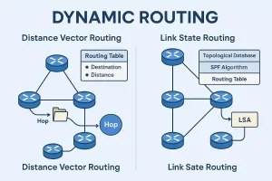 Diagram comparing Distance Vector and Link-State routing protocols, featuring routers, topology, routing tables, LSAs, and SPF algorithm — ideal for CCNA/CCNP learners.