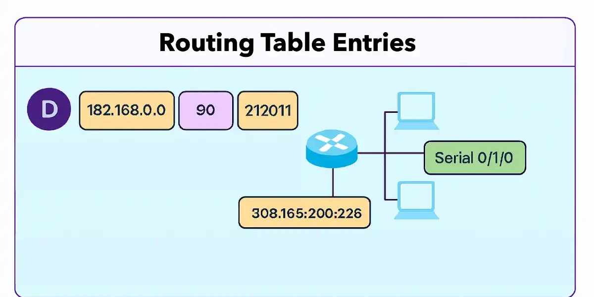 Cisco routing table entry diagram with D code for EIGRP route to 182.168.0.0 network via Serial0/1/0.