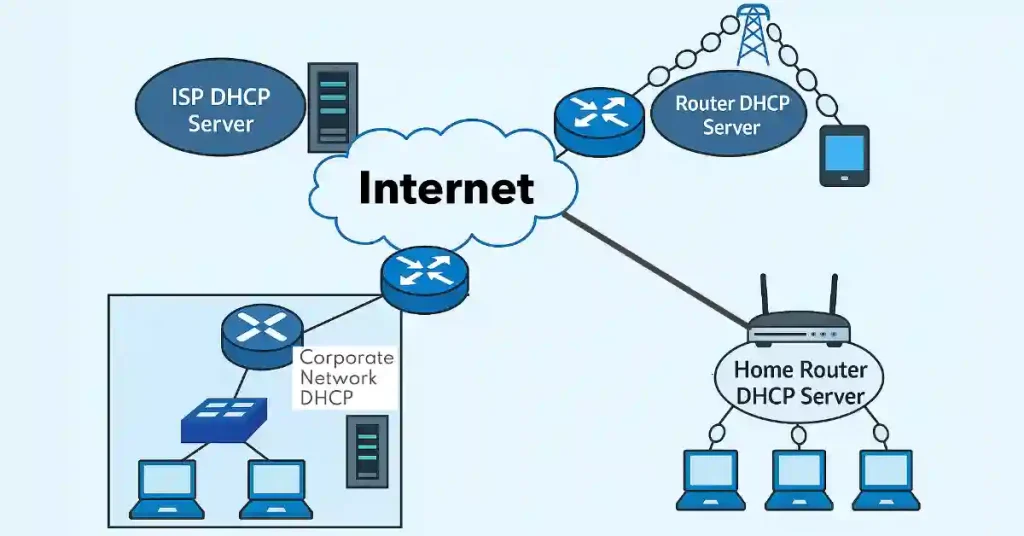 A network topology diagram showing four types of DHCP server configurations: an ISP DHCP server linked to a cloud labeled "networkustad.com", a router-based DHCP server providing wireless access to a mobile device, a corporate DHCP server distributing IPs through a router to multiple computers, and a home DHCP server managing connections for home computers. Each configuration illustrates how DHCP operates in different environments.