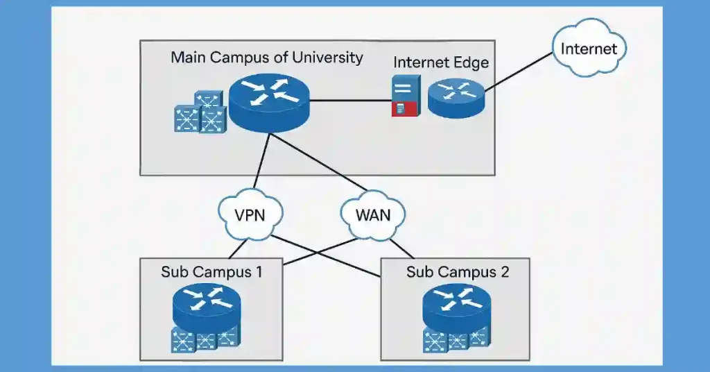 Diagram of Cisco Borderless Networks showing Main Campus, Sub Campuses 1 and 2, Internet Edge, connected via VPN and WAN, with IP Phone, for CCNA/CCNP study.