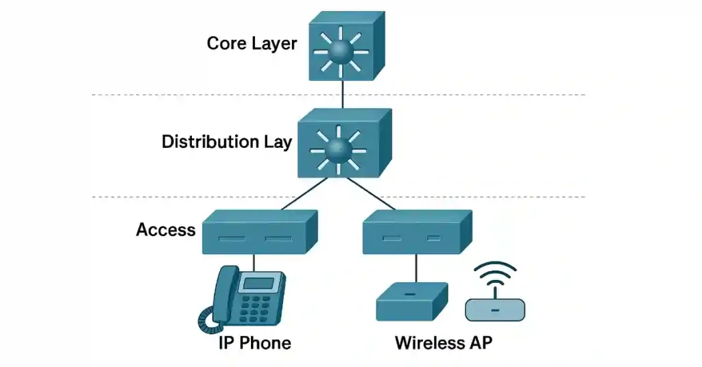 Diagram of a three-tier hierarchical network with Core, Distribution, and Access layers, connecting IP Phone and Wireless AP, for CCNA/CCNP network design learning.