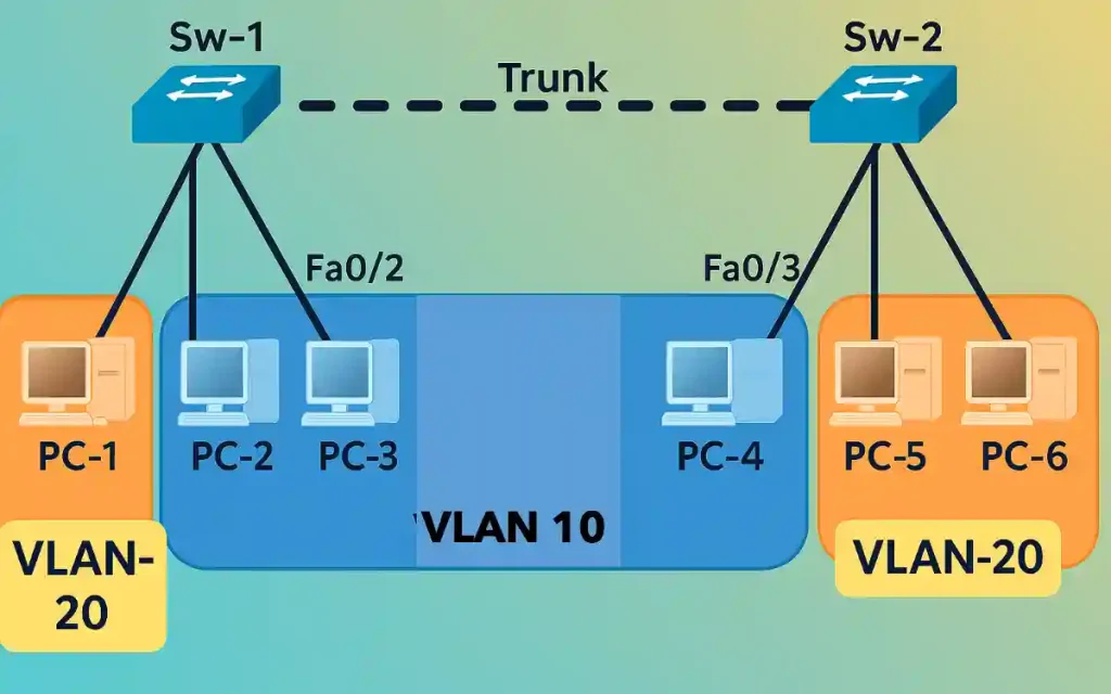 VLAN Trunk: The image depicts a network diagram with two switches, Sw-1 and Sw-2, connected via a trunk link. Sw-1 is connected to three PCs (PC-1, PC-2, PC-3) in VLAN 10 via the Fa0/2 port, while Sw-2 is connected to three PCs (PC-4, PC-5, PC-6) in VLAN 20 via the Fa0/3 port. Both VLAN 10 and VLAN 20 are part of a larger VLAN 20 network.