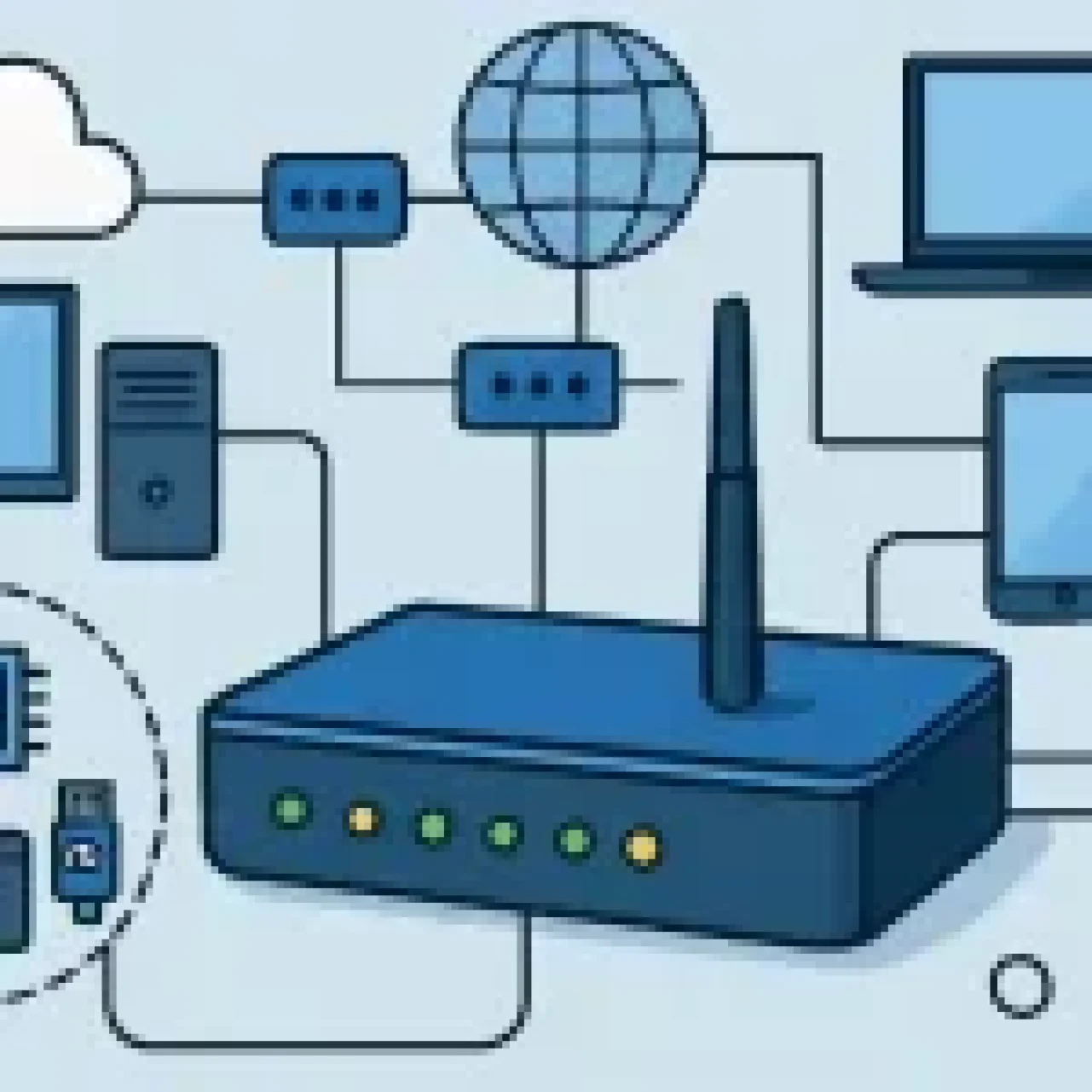 Illustration showing routers connecting multiple networks via dynamic data paths, IP packets, and diverse interfaces.
