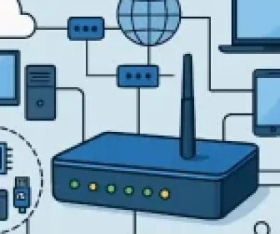 Illustration showing routers connecting multiple networks via dynamic data paths, IP packets, and diverse interfaces.