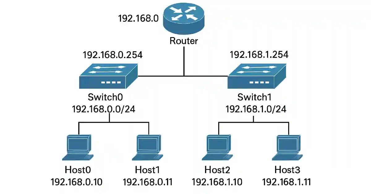 LAN topology diagram showing two Cisco switches, one router, and four connected hosts. Highlights IP address assignments, VLAN configurations, and default gateways for remote management.