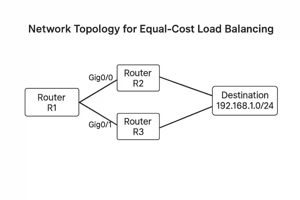 What is Network Load Balancing 1 A clear diagram illustrating network load Balancing showing Router R1 forwarding traffic to the destination network 192.168.1.0/24 via two equal-cost paths through Router R2 and Router R3.