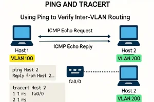 Diagram illustrating ping and traceroute for verifying inter-VLAN routing between Host1 (VLAN 100) and Host2 (VLAN 200) via a router with fa0/0 interface.