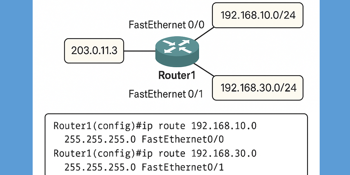 Network diagram of Router1 with directly connected static routes to 192.168.10.0/24 and 192.168.30.0/24 via FastEthernet interfaces, showing configuration commands and routing table.