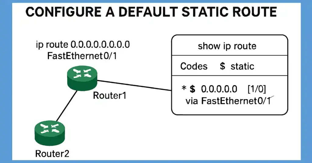 Network diagram showing Router1 configured with a default static route via FastEthernet0/1 to Router2, including 'ip route' command and 'show ip route' output with 'S*' entry.