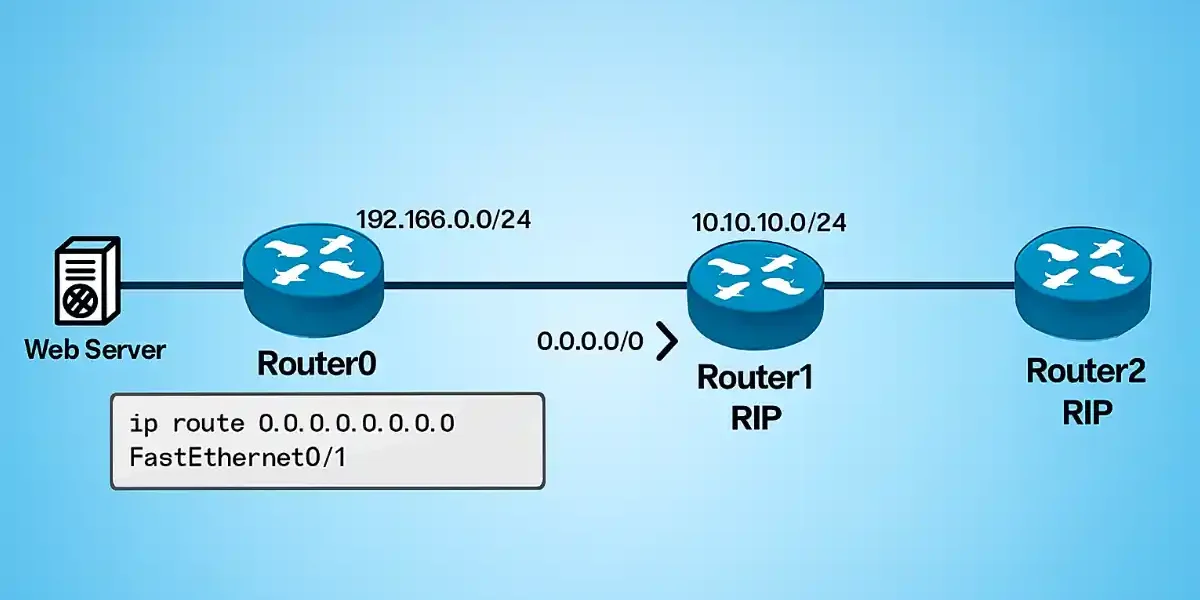 Network topology diagram illustrating default route propagation in RIP with Router0 connected to a web server and propagating to Router1 and Router2 via RIP protocol.