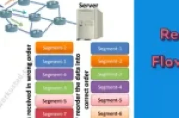 A diagram illustrating TCP reliability and flow control between a Host and Server. It shows data divided into segments (1-7) taking different routes, arriving out of order, and being reordered by TCP for correct delivery, with color-coded segments highlighting the process.