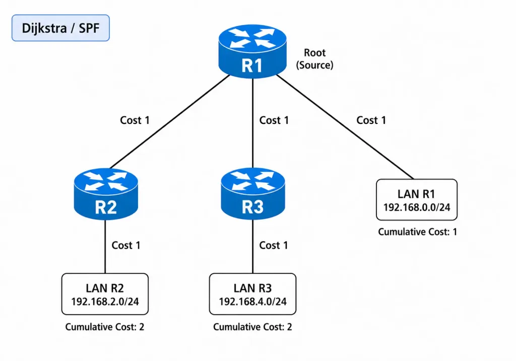 Link-State Routing Protocols Explained: How Ospf And Spf Work 6 Hierarchical Tree Diagram Rooted At Router R1 With Branches To R2, R3, And Its Own Local Lan Each Labeled Cost 1, And Further Branches Showing R2 And R3'S Own Lans With Cumulative Path Costs, Illustrating R1'S Completed Spf Tree