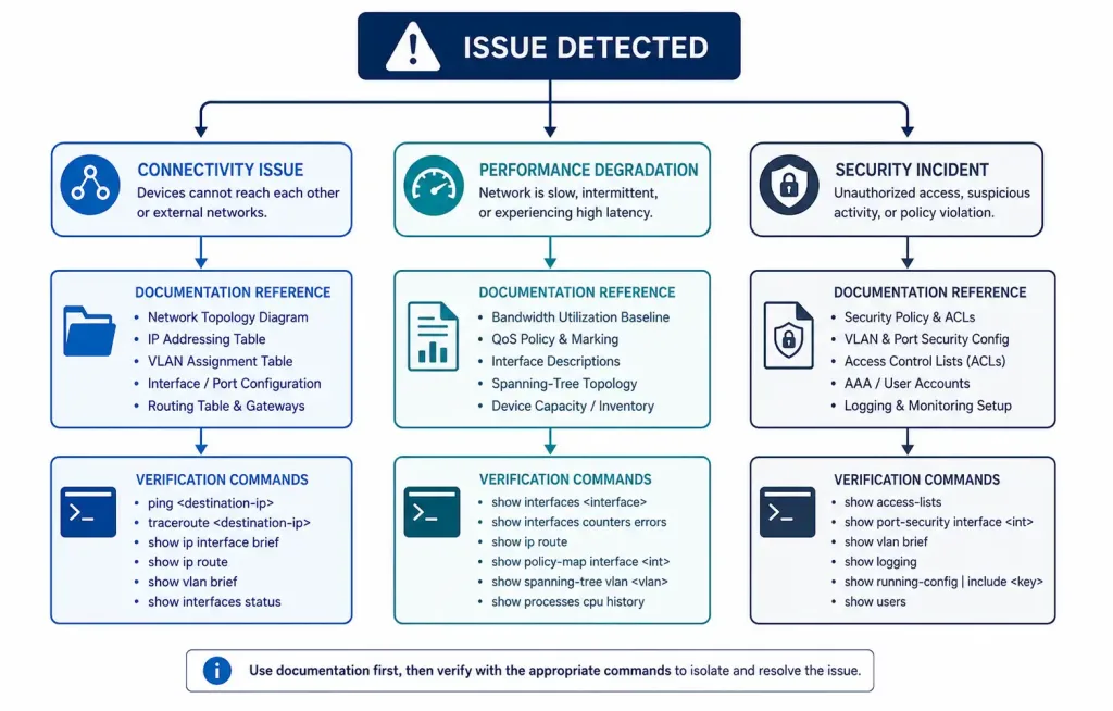 Network Documentation: A Practical Guide For Ccna And Ccnp 3 Flowchart Showing How Different Issue Types Map To Specific Documentation References And Verification Commands