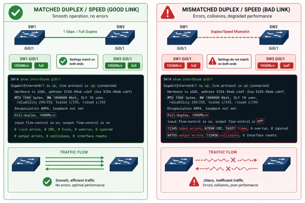 How To Verify Cisco Router Interface Settings 3 Comparison Diagram Showing A Correctly Matched Duplex Link Versus A Mismatched Duplex Link Causing Degraded Performance