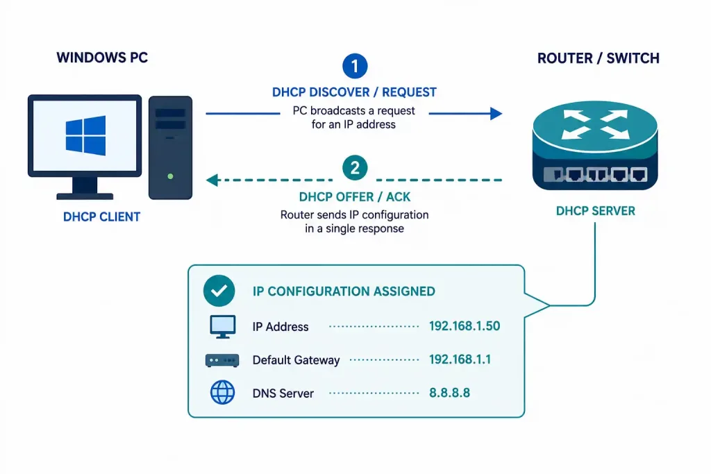 How To Assign An Ip Address On A Windows Pc 3 Diagram Showing A Windows Pc Receiving Ip Configuration Automatically From A Dhcp Server