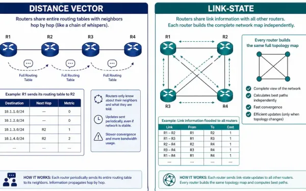 Diagram Comparing Distance Vector Routing, Passing Information Hop By Hop, Against Link-State Routing, Where Every Router Builds Its Own Complete Topology Map