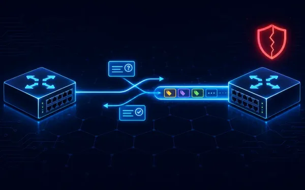 Two Switches Negotiating A Trunk Link Via Dtp Messages, With Vlan-Tagged Packets Flowing Across The Resulting Trunk And A Warning Icon Representing Vlan Hopping Risk