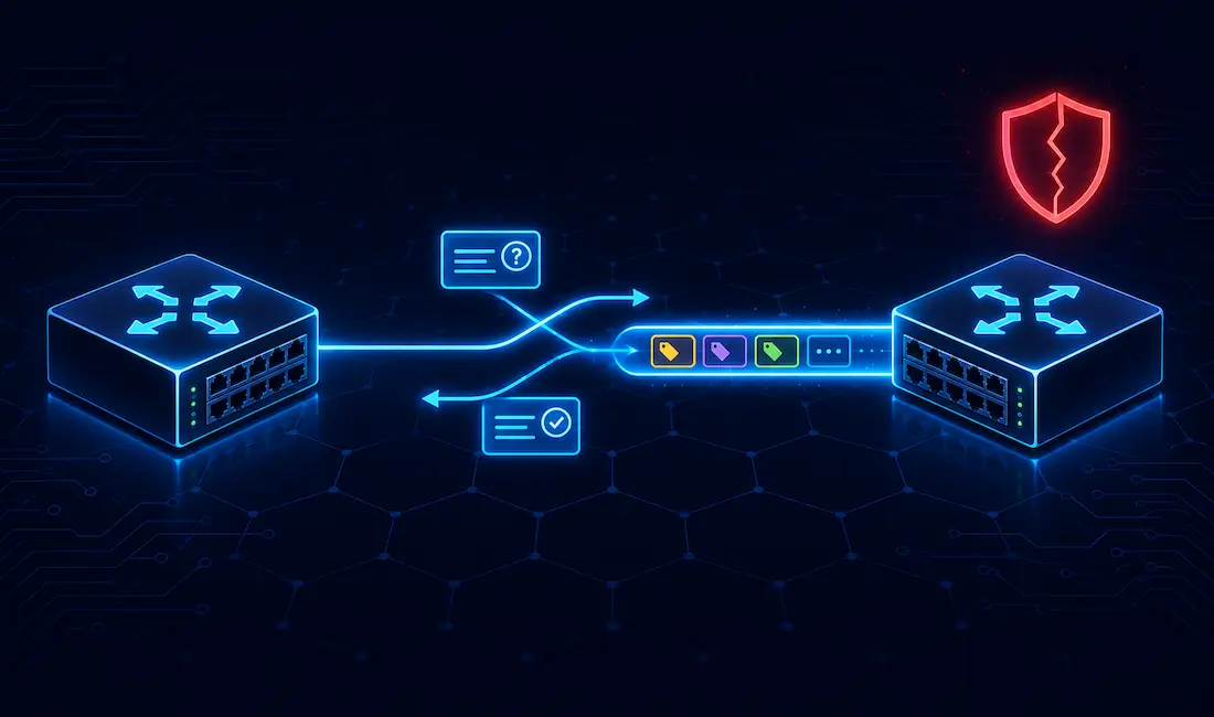 Dynamic Trunking Protocol (Dtp) Explained 1 Two Switches Negotiating A Trunk Link Via Dtp Messages, With Vlan-Tagged Packets Flowing Across The Resulting Trunk And A Warning Icon Representing Vlan Hopping Risk