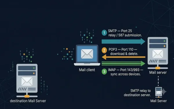 Mail Client Connected To A Mail Server Via Three Labeled Protocol Arrows: Smtp On Port 25 For Relay And Port 587 For Submission, Pop3 On Port 110 For One-Way Download And Delete, And Imap On Ports 143/993 For Bidirectional Sync Across Devices
