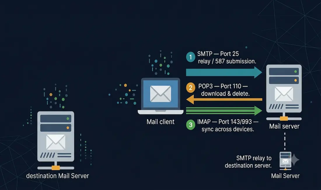 Email Protocols: Smtp, Pop3, And Imap 1 Mail Client Connected To A Mail Server Via Three Labeled Protocol Arrows: Smtp On Port 25 For Relay And Port 587 For Submission, Pop3 On Port 110 For One-Way Download And Delete, And Imap On Ports 143/993 For Bidirectional Sync Across Devices