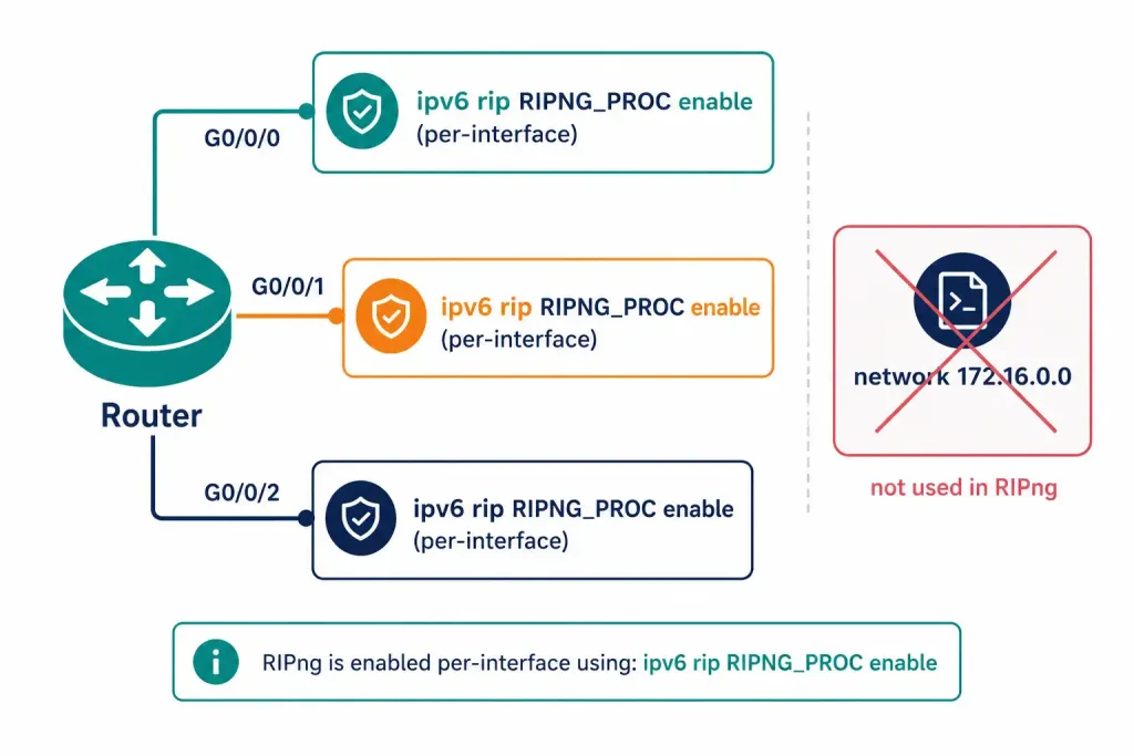 Ripng Configuration: Advertising Ipv6 Networks With Rip Next Generation 3 Diagram Showing Ripng Enabled Individually On Each Interface Instead Of Through A Network Command