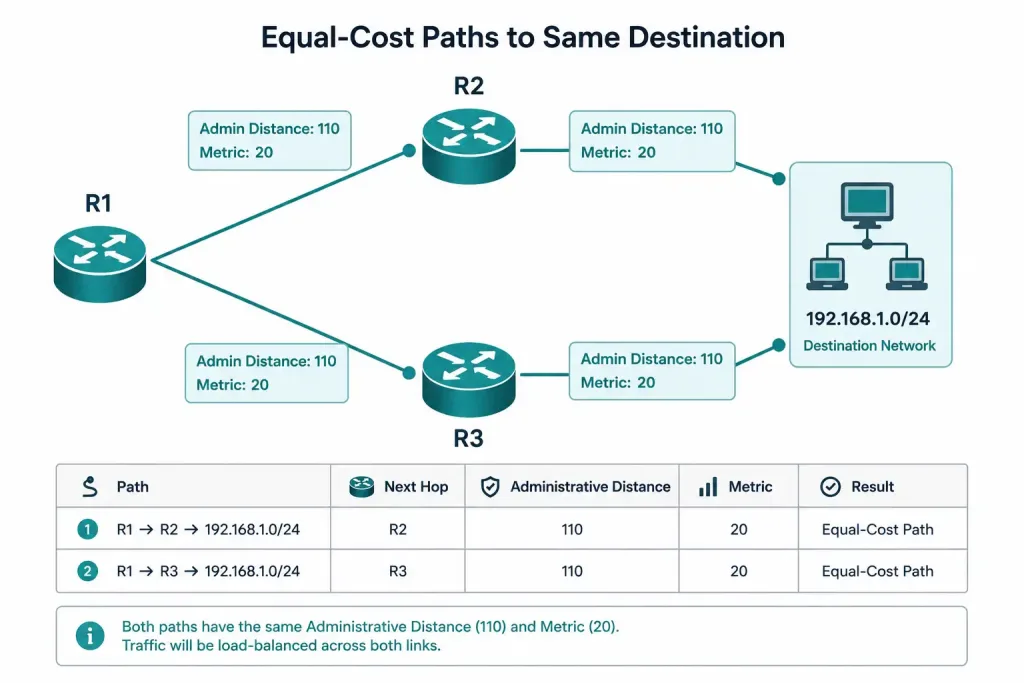 Network Load Balancing: Equal-Cost And Eigrp Unequal-Cost Routing 2 Topology Diagram Showing Two Equal-Cost Paths From R1 To The Same Destination Network With Matching Ad And Metric