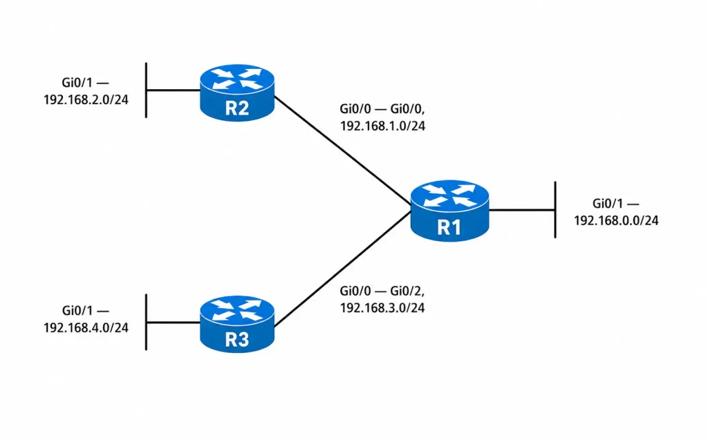 Link-State Routing Protocols Explained: How Ospf And Spf Work 7 Compact Simplified Version Of The R1, R2, And R3 Topology Diagram With Gigabitethernet Interface And Subnet Labels, Used As A Quick Visual Recap