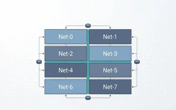 Diagram Of A Network Divided Into Eight Equal Subnets Labeled Net-0 Through Net-7, Illustrating Fixed-Length Subnet Masking (Flsm)