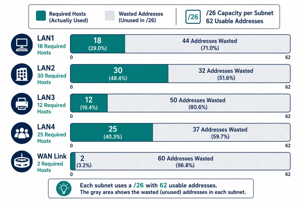 From Classful Network Addressing To Cidr And Fixed-Length Subnet Masking 7 Five Bars Comparing Required Hosts Against 62-Address Subnet Capacity, Showing Wasted Space In Each