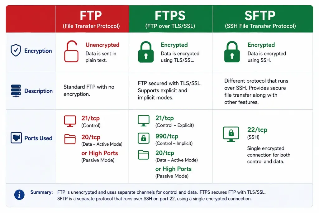 File Transfer Protocol (Ftp): How It Works And How To Secure It 4 Three-Column Comparison Chart Of Ftp, Ftps, And Sftp Showing Encryption Status And Ports Used
