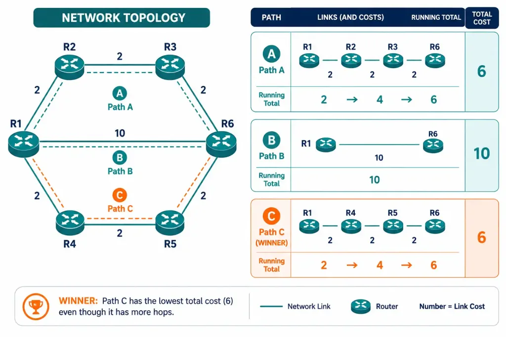 The Shortest Path First (Spf) Protocol: Link-State Routing With Dijkstra'S Algorithm 4 Topology Diagram Showing Three Paths Between R1 And R6, With The Lowest-Cost Path Highlighted Despite Having More Hops