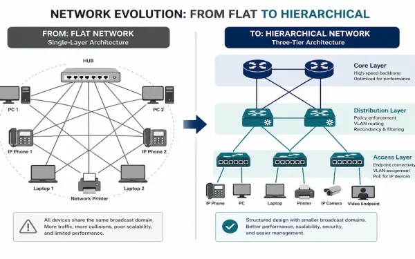 Diagram Showing The Evolution From A Flat Broadcast-Heavy Network To A Hierarchical Three-Layer Switched Network