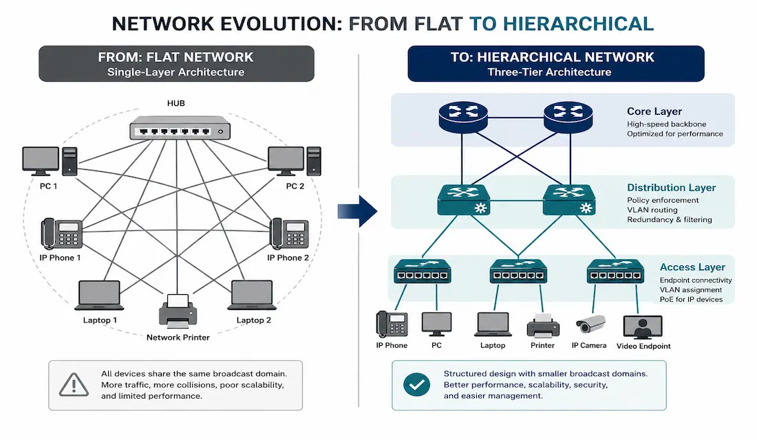 The Role Of Switched Networks: From Flat Lans To Hierarchical Design 1 Diagram Showing The Evolution From A Flat Broadcast-Heavy Network To A Hierarchical Three-Layer Switched Network