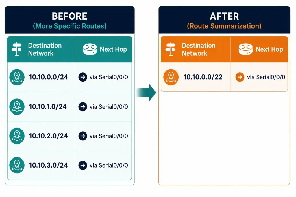Summary Static Routes: How To Calculate And Configure Them 2 Before-And-After Routing Table Comparison Showing Four Routes Reduced To One By Summary Static Routes