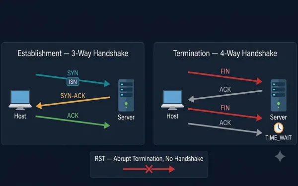 Two-Panel Diagram Showing Tcp Three-Way Handshake With Syn, Syn-Ack, Ack Flags Including Isn Synchronization On The Left, And Four-Way Termination With Fin, Ack, Fin, Ack Flags Plus A Time_Wait Clock Icon On The Right, With An Rst Abrupt Termination Callout Below