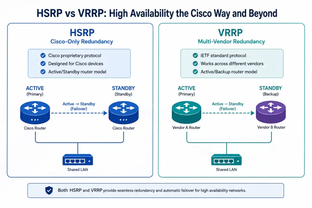 Redundancy And Traffic Management For Small Networks 3 Comparison Diagram Showing Hsrp Working Only Between Cisco Devices Versus Vrrp Working Across Mixed-Vendor Equipment