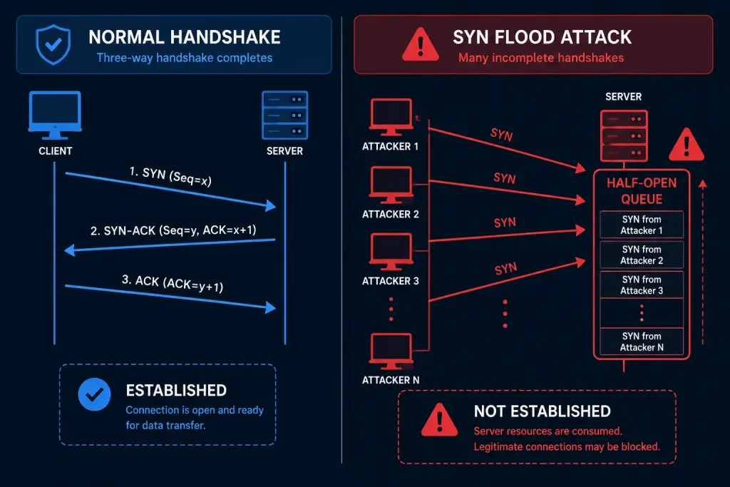Tcp 3-Way Handshake: How It Works And Why It Matters 3 Diagram Comparing A Completed Tcp Handshake To A Syn Flood Attack Leaving Many Half-Open Connections