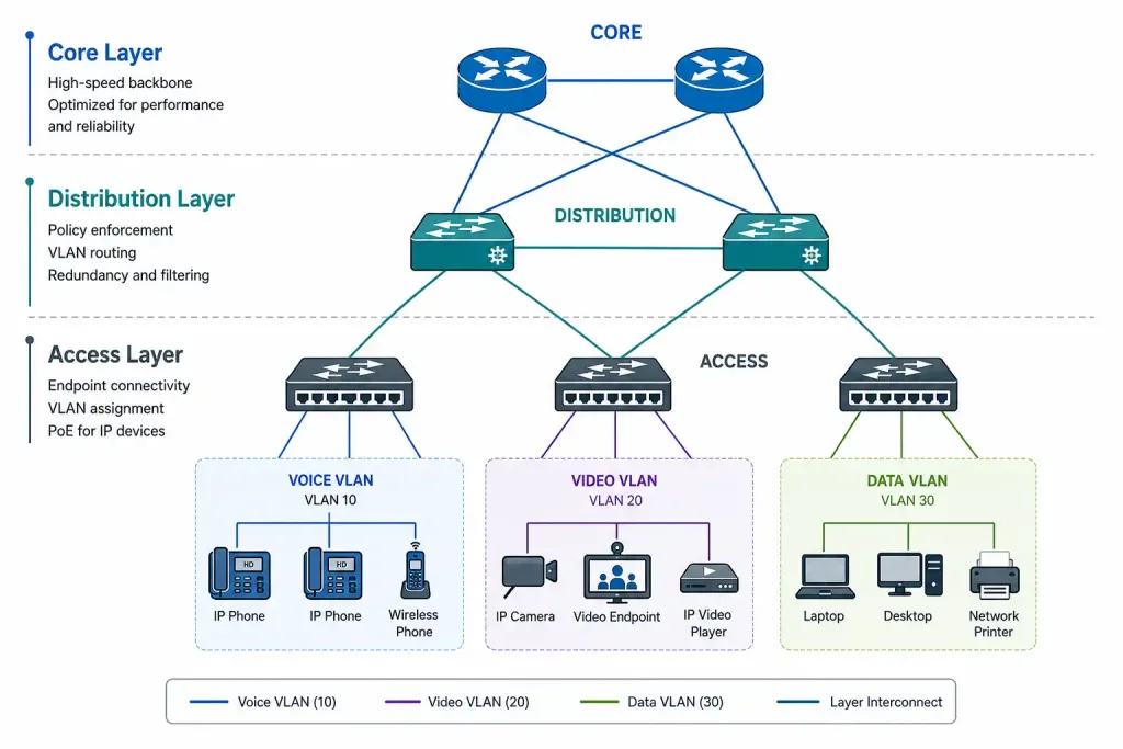 What Is A Converged Network? Architecture, Qos, And Cisco Tools 3 Three-Tier Network Diagram Showing Core, Distribution, And Access Layers With Voice, Video, And Data Vlans