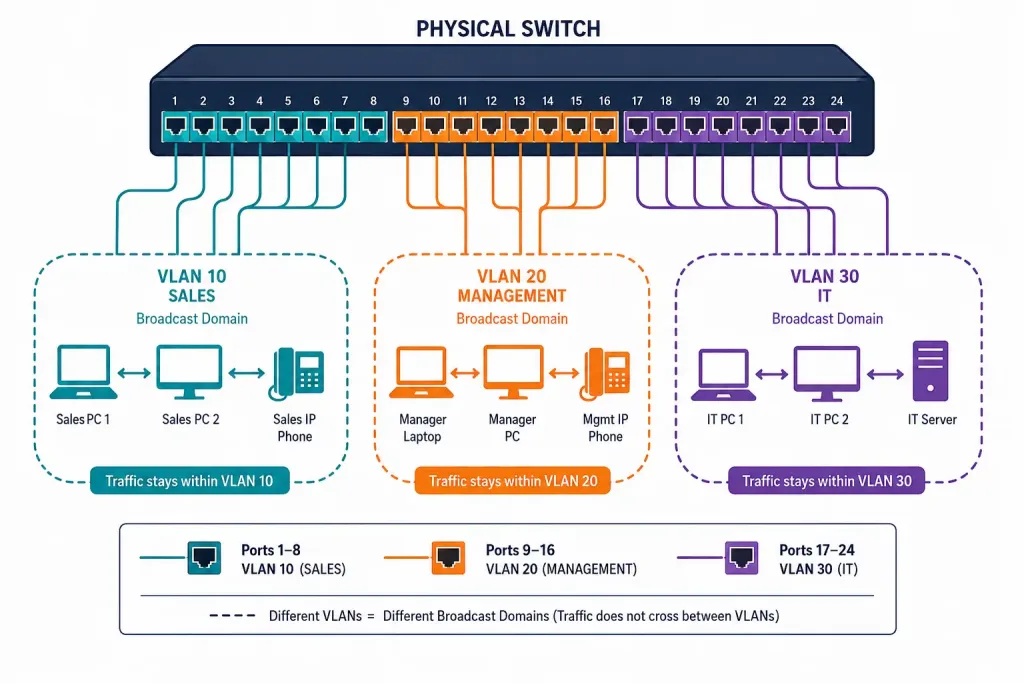 Virtual Lans (Vlans): Concepts, Types, And Configuration 2 Diagram Showing A Single Switch With Ports Color-Coded Into Separate Vlans Broadcast Domains