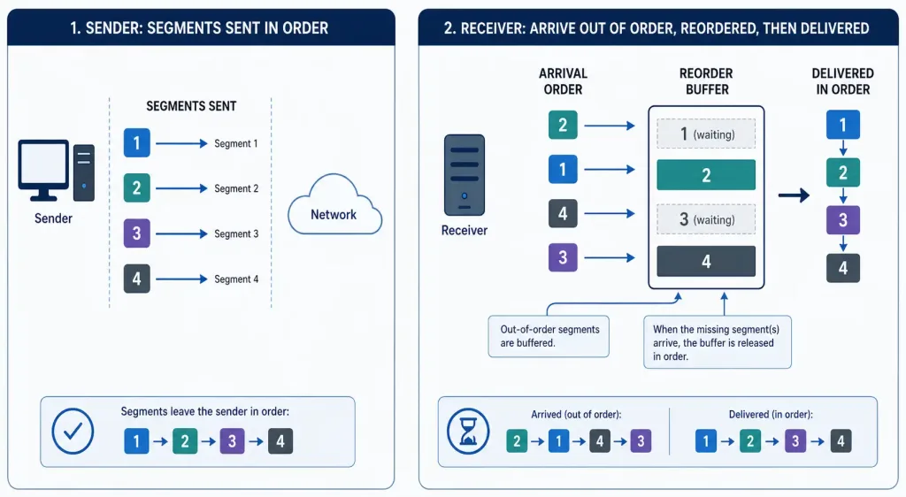 Tcp Reliability And Flow Control Explained 2 Before-And-After Diagram Showing Tcp Segments Arriving Out Of Order And Being Reassembled Correctly